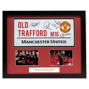 Manchester United Old Trafford Road Sign Signed by Giggs, P Neville, G Neville, Butt, Scholes Framed