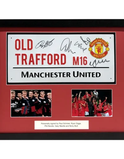 Manchester United Old Trafford Road Sign Signed by Giggs, P Neville, G Neville, Butt, Scholes Framed