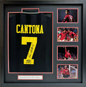 Eric Cantona Signed Away Manchester United Shirt in Deluxe Frame