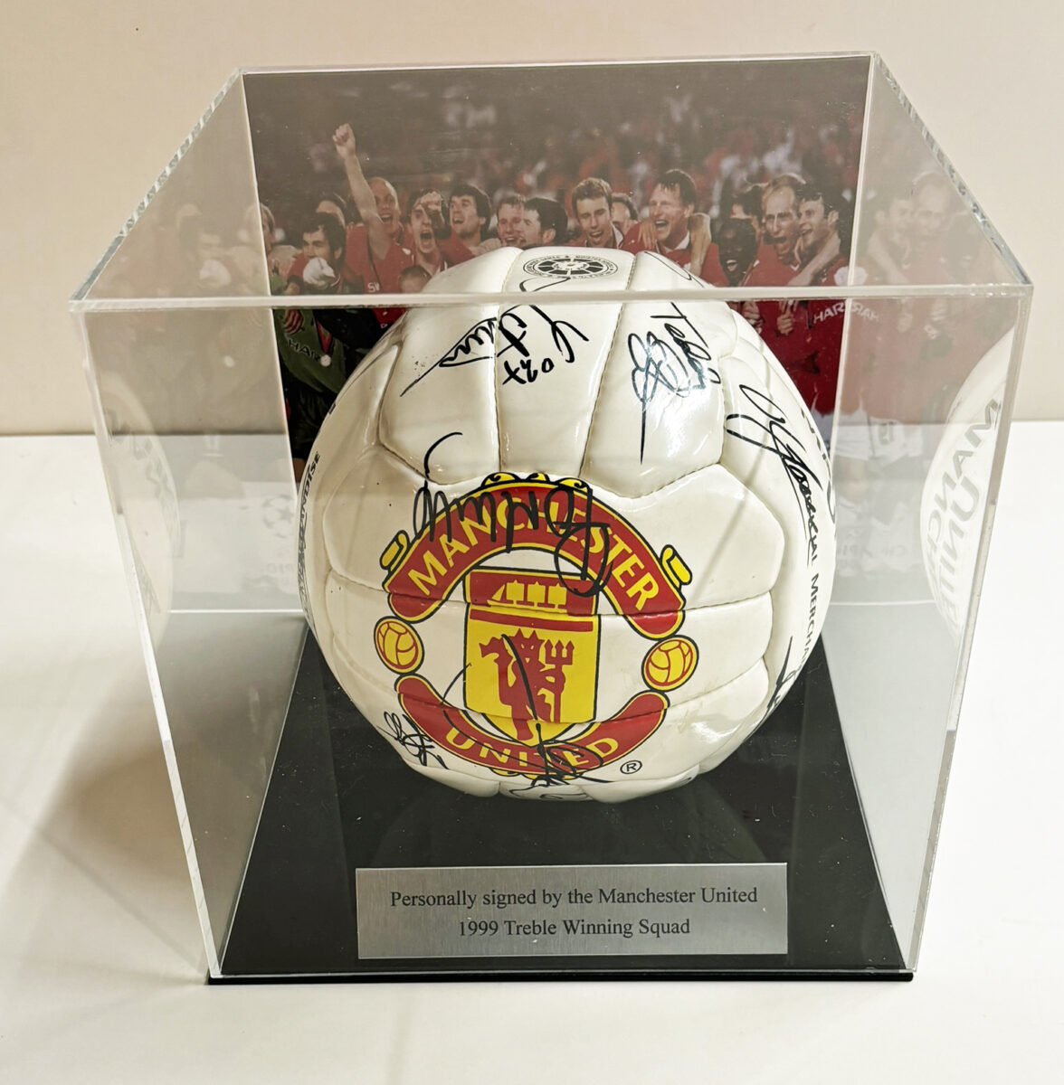 Manchester United Signed Football by Treble Winners 1999 in Case