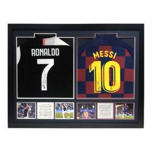Cristiano Ronaldo & Lionel Messi Signed Barcelona & Juventus Shirts in Dual Frame