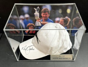 Nick Faldo Personally Signed Slazenger Cap in Display Case with Plaque