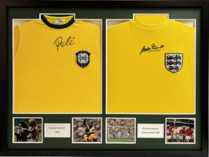 Pele & Gordon Banks Personally Signed Brazil & England Shirts in Dual Frame