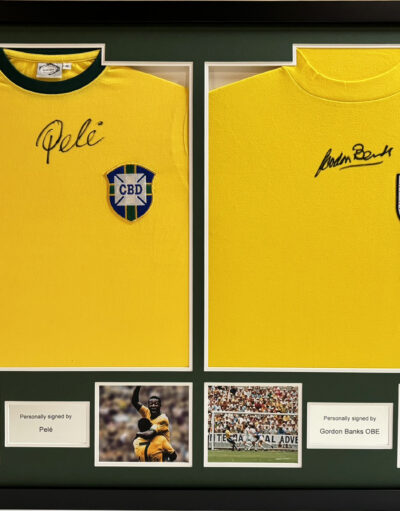 Pele & Gordon Banks Personally Signed Brazil & England Shirts in Dual Frame