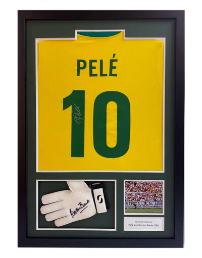 Brazil Shirt signed by Pele & Gordon Banks Glove Framed