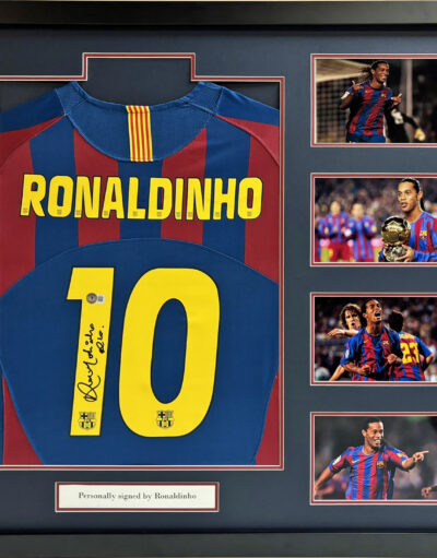Ronaldinio Signed Barcelona Shirt in Deluxe Frame